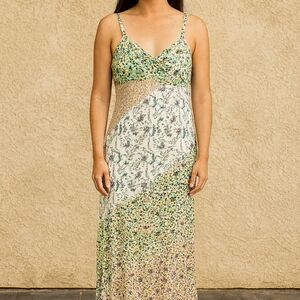 Blue Sky Green and Cream Floral Boho Maxi Dress